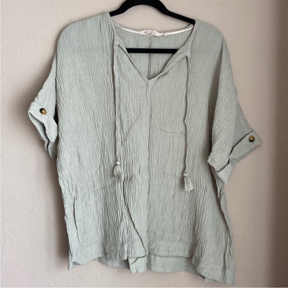 Crinkly sage green top with tassels SOFT SURROUNDINGS